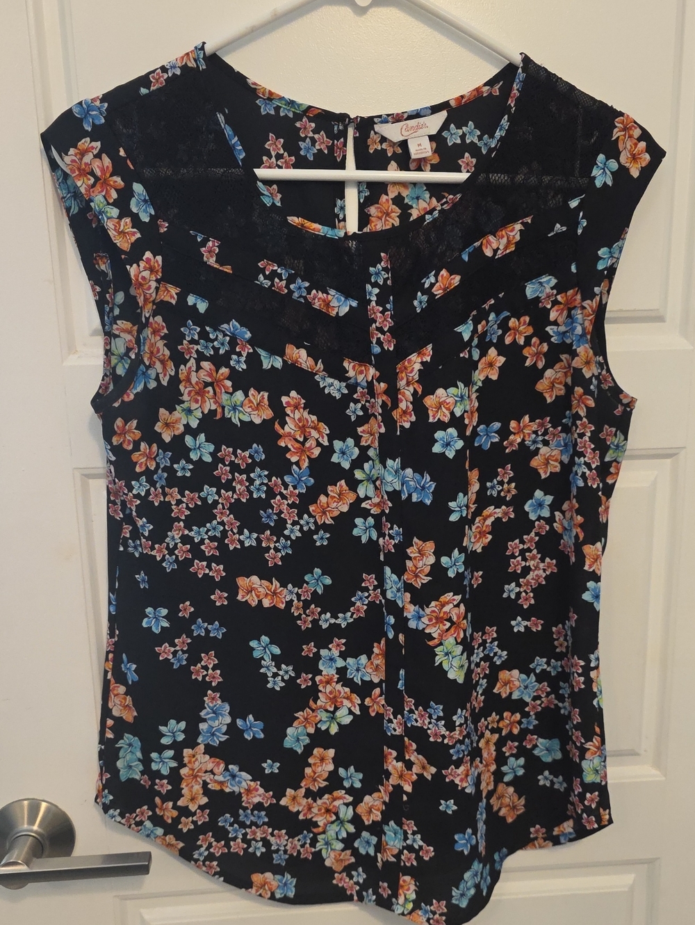 Candie's Black Floral Cap-Sleeve Blouse with Blue & Orange Blossoms
